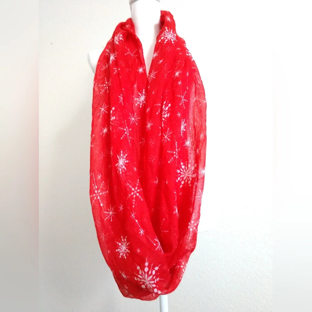 Red White Snowflake Infinity Fashion Scarf with Shimmer